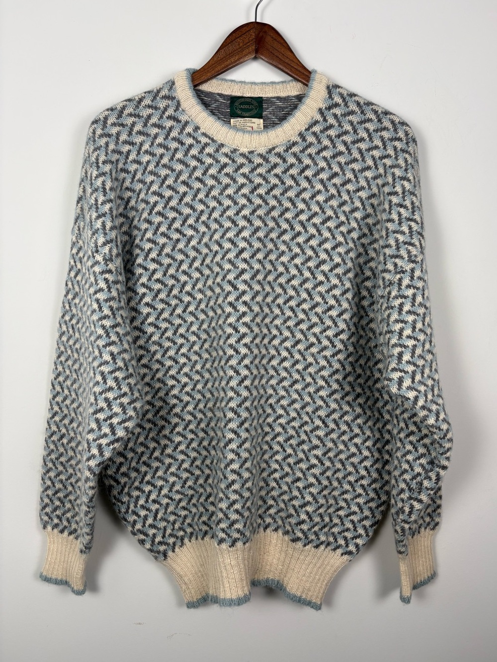 Vintage Saddles Alpaca Lambs Wool Made in England Crew Sweater Rustic Cream Blue
